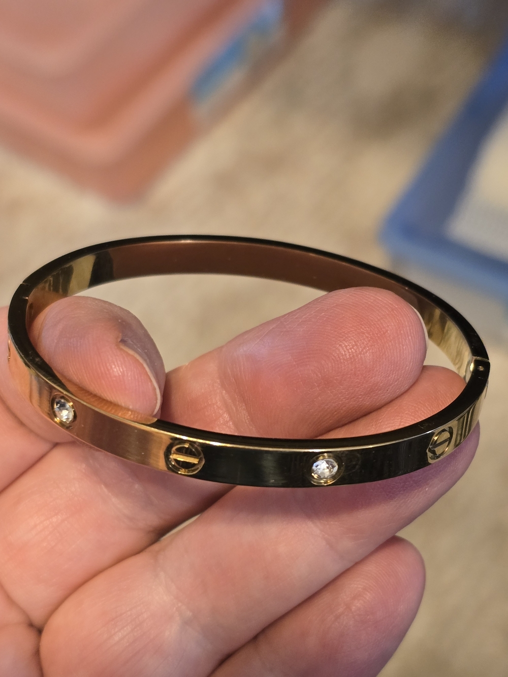 Gold Tone Screw-Detail Bangle Bracelet with Crystal Accents 6"